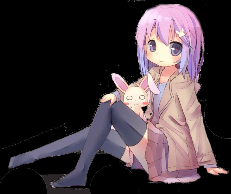 紫髮動漫少女抱毛絨兔 壁紙 — 一個可愛的動漫女孩，紫色頭髮，坐在黑色背景前，抱著一個白色兔子毛絨玩具。