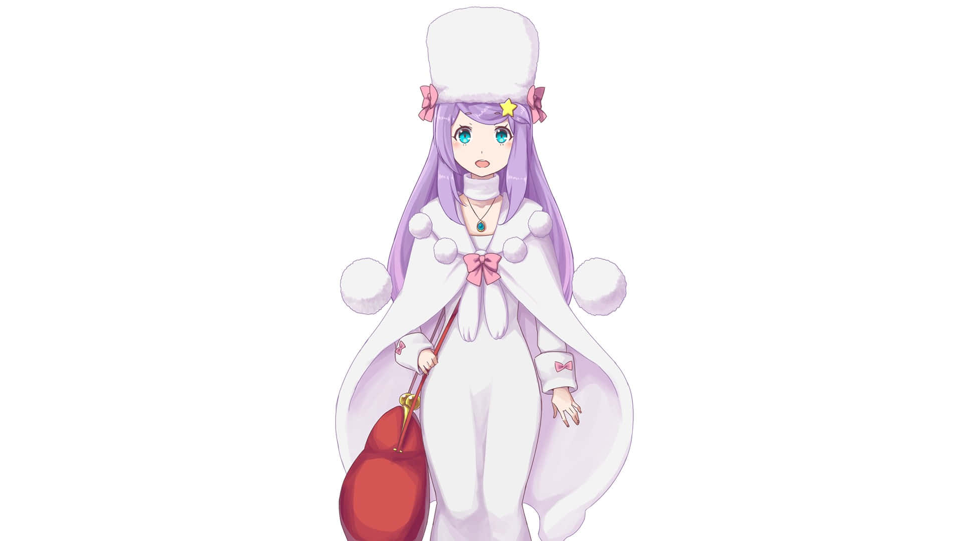 Anastasia Hoshin 桌布 壁紙 — 紫髮動漫少女穿著白色冬季服裝，在純白背景前拿著紅色手袋。