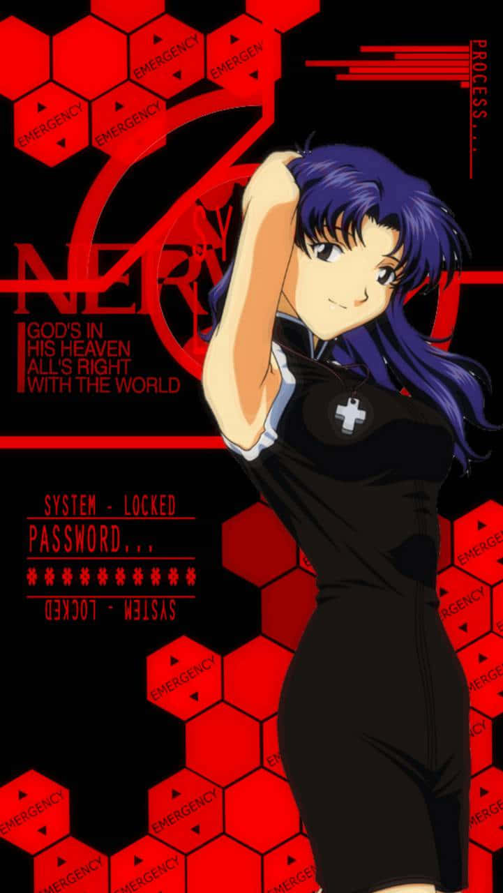 Misato Katsuragi 桌布 壁紙 — 紫髮動漫少女身穿黑色連衣裙，站在紅色六邊形緊急背景前，帶有文字疊加。