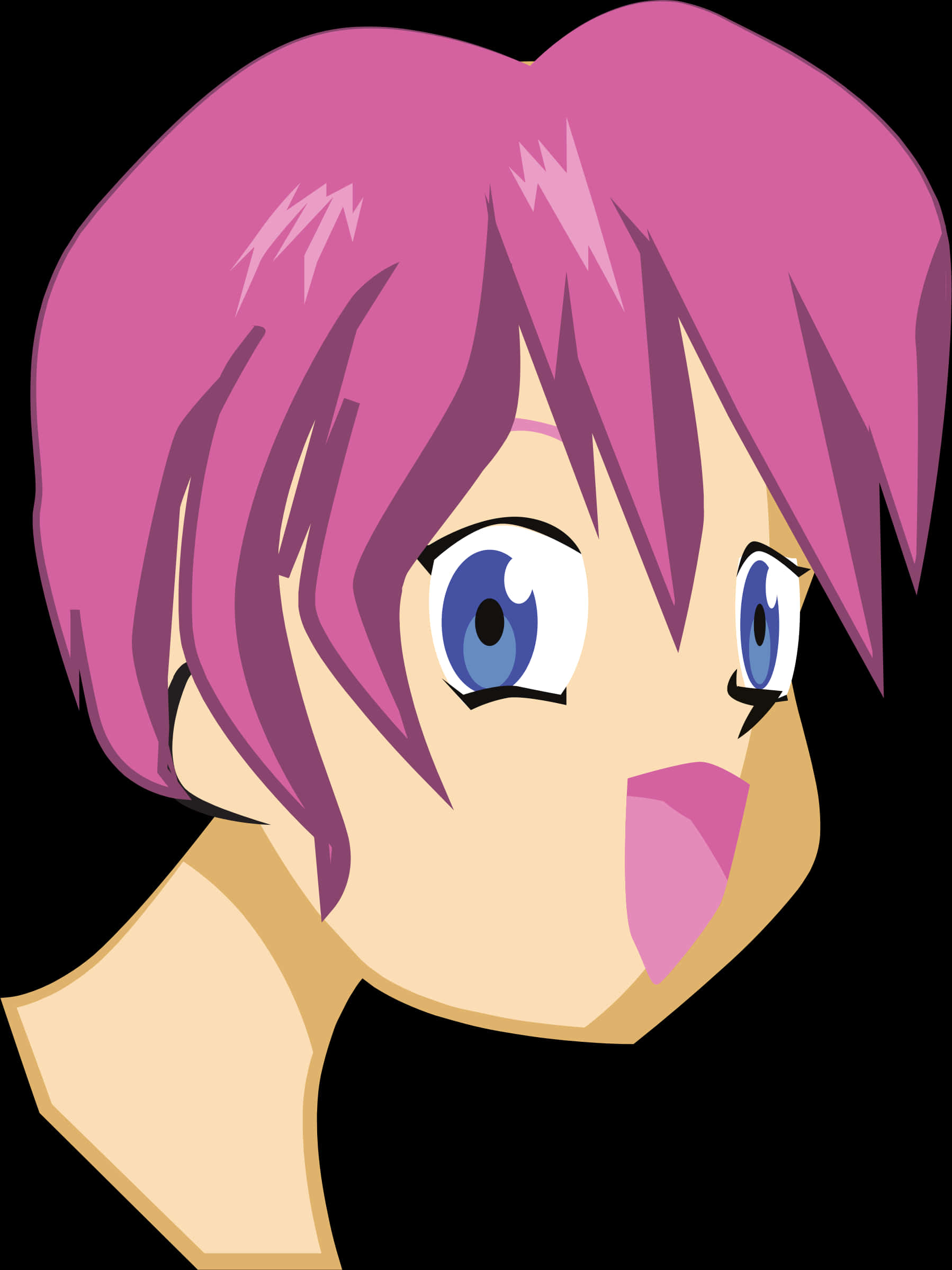紫髮動漫男孩 壁紙 — 一個驚訝的動漫女孩，粉紅色頭髮和藍色眼睛，在黑色背景下睜大眼睛凝視。