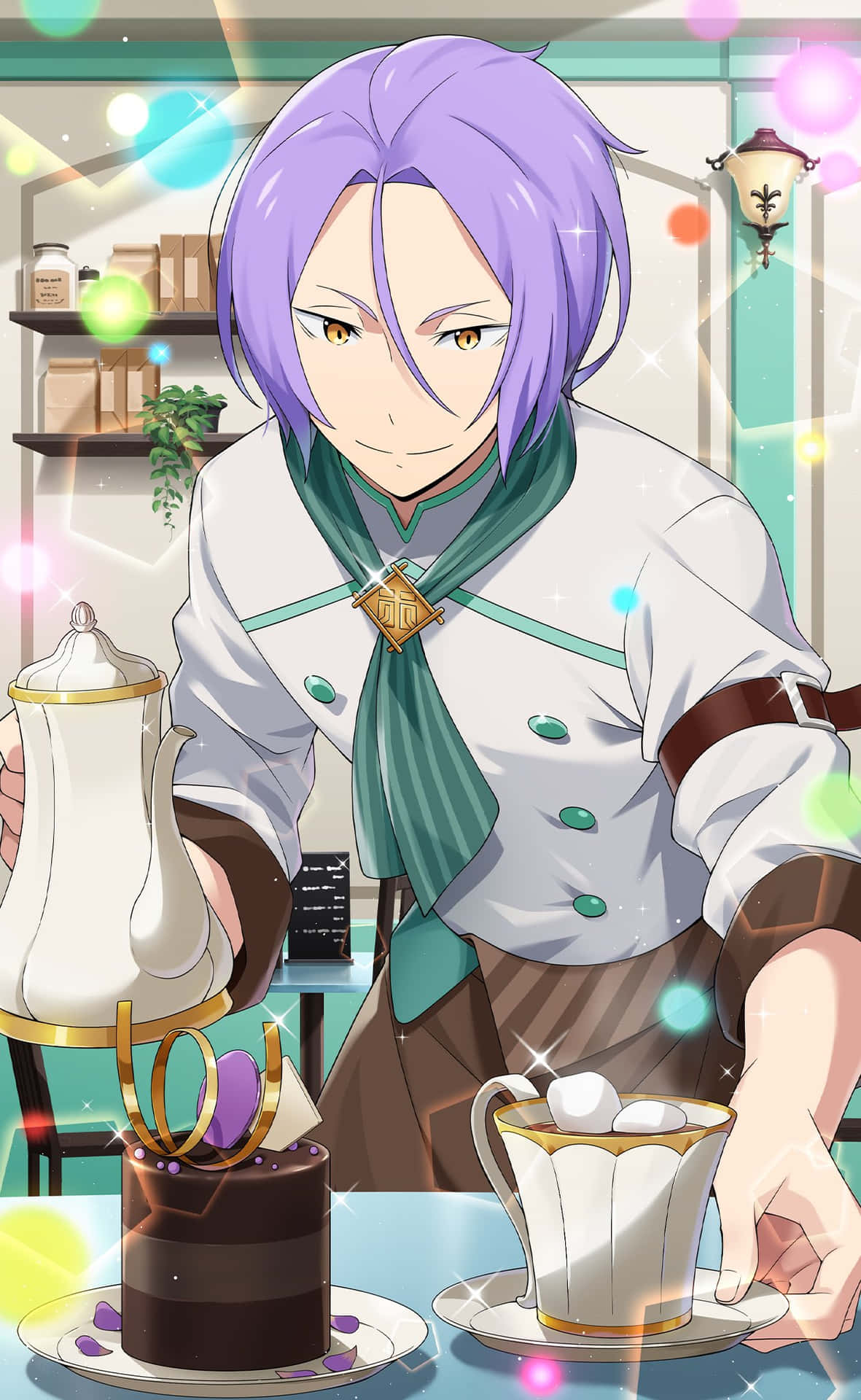 紫髮動漫角色咖啡廳服務生 壁紙 — 一位紫髮動漫廚師穿著白色制服，在閃閃發光的咖啡館裡提供朱古力蛋糕和熱可可。