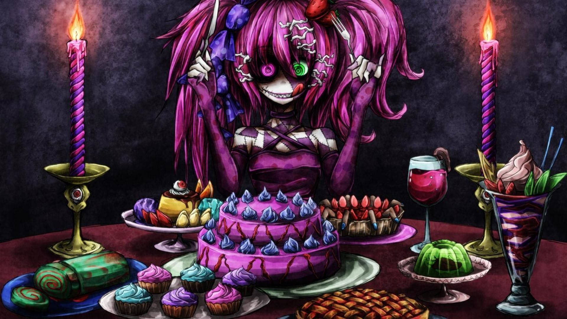 紫髮少女坐在燭光蛋糕前 壁紙