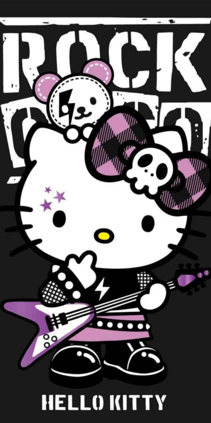 Hello Kitty 身穿龐克搖滾服裝，手持紫色電結他。