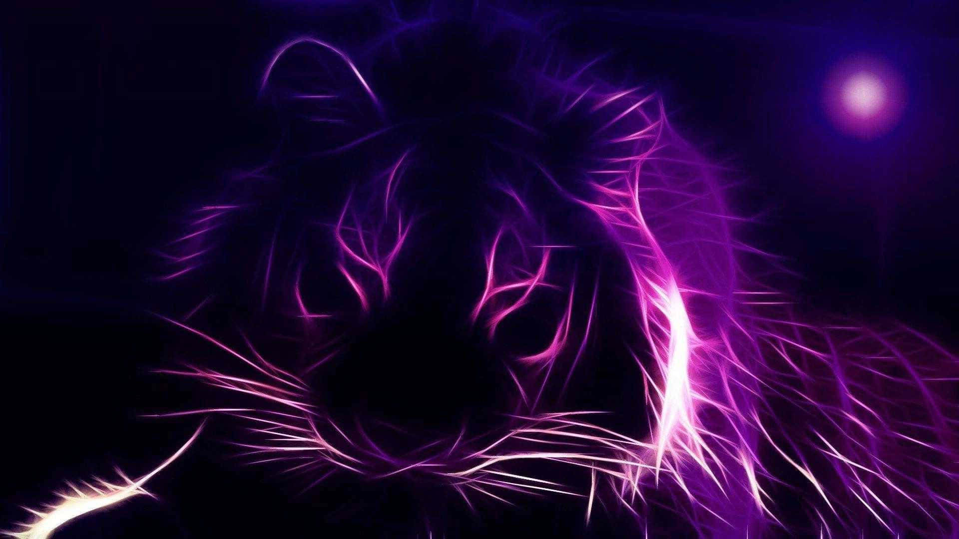 紫黑獅子背景 壁紙 — 一個發光的紫色老虎頭，帶有電光毛皮和明亮的眼睛，背景是黑暗的宇宙。