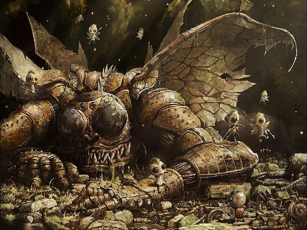 Conceptual Art 桌布 壁紙 — 細小有翼生物探索一隻巨大生鏽機械龍，牠被打敗躺臥在黑暗粗糙的廢墟中。