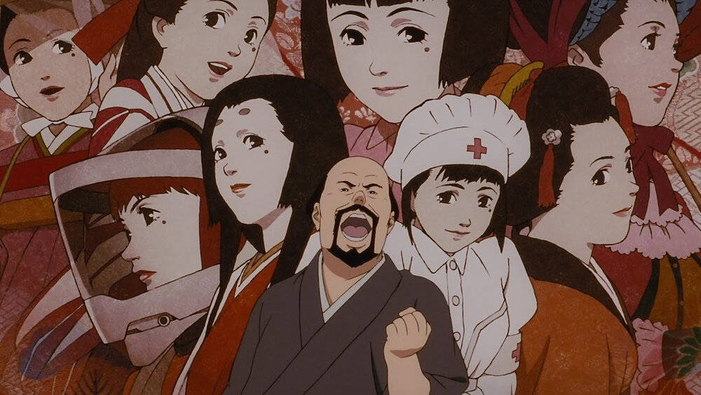 細川紘一《Millennium Actress》電影 壁紙 — 一幅充滿活力的動漫拼貼畫，描繪了多種日本角色，包括一位大喊的僧侶和一位護士，背景圖案豐富。