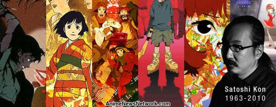 細川紘一——動畫電影大師 壁紙 — 一幅充滿活力的動漫藝術作品拼貼畫和今敏的肖像，展示了他標誌性的視覺風格和情感深度。