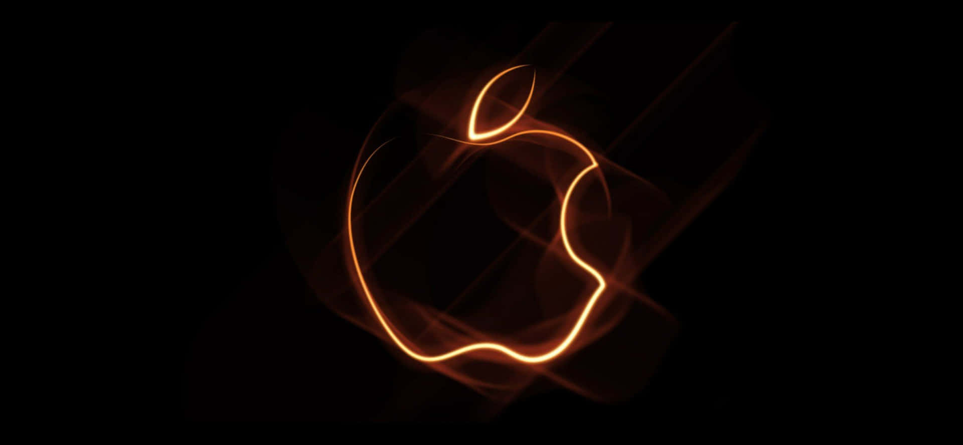 發光橙色Apple標誌，帶有光跡，黑色背景。