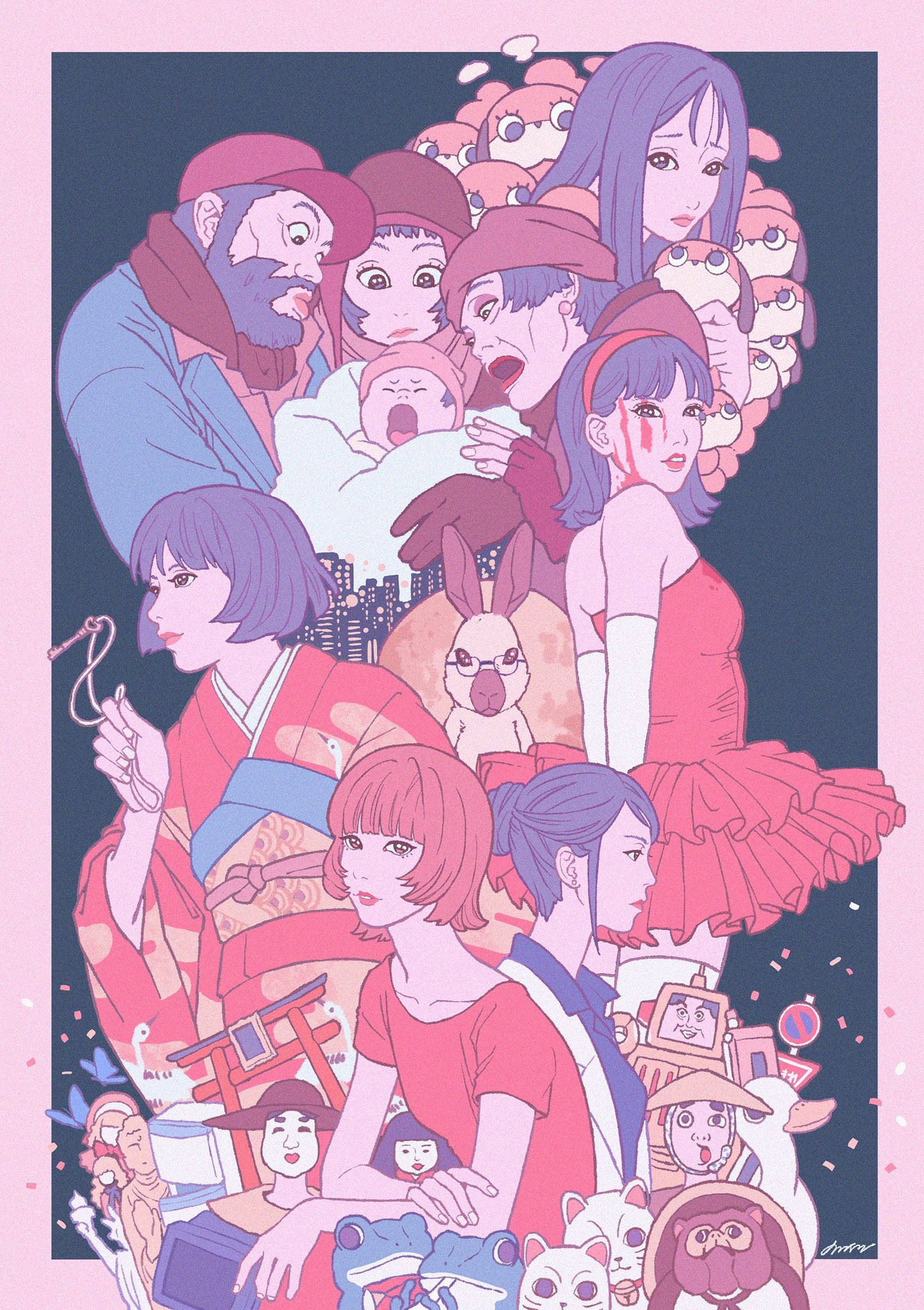 細田守最傑出作品集 壁紙 — 一幅充滿活力的動漫風格拼貼畫，以粉紅色和紫色調呈現多樣角色，包含傳統日本元素和奇幻生物。