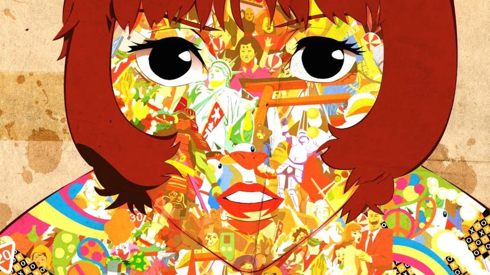 細田守的《紅辣椒》：夢幻霓虹色臉龐 壁紙 — 一幅充滿活力的動漫風格肖像，女孩的臉上佈滿了色彩繽紛的流行文化圖標和符號。
