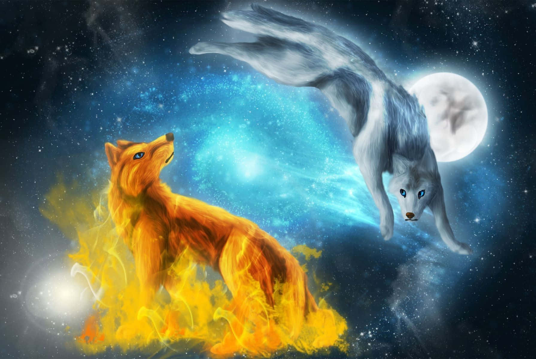 一隻被火焰包圍的狐狸和一隻在滿月星空下跳躍的狼。