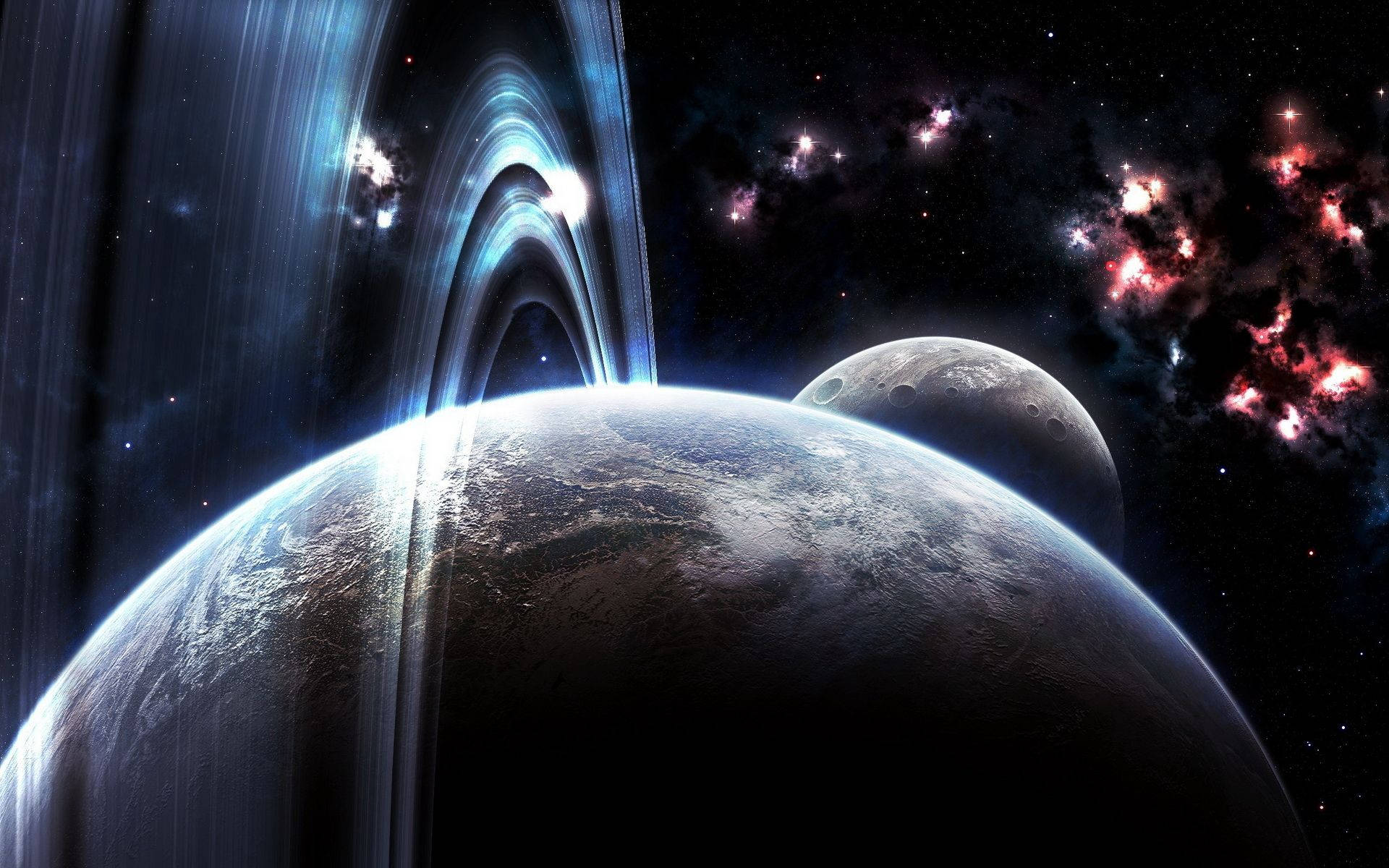 細節豐富的天王星 壁紙 — 一顆宏偉的環狀行星在宇宙光芒下閃耀，伴隨著一顆衛星和充滿活力的星雲，位於繁星點點的虛空中。