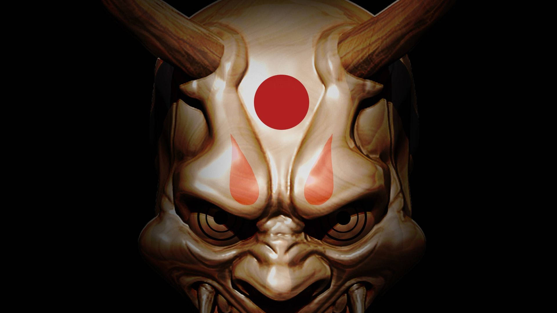 傳統日本鬼面具的特寫，帶有紅色標記和角。