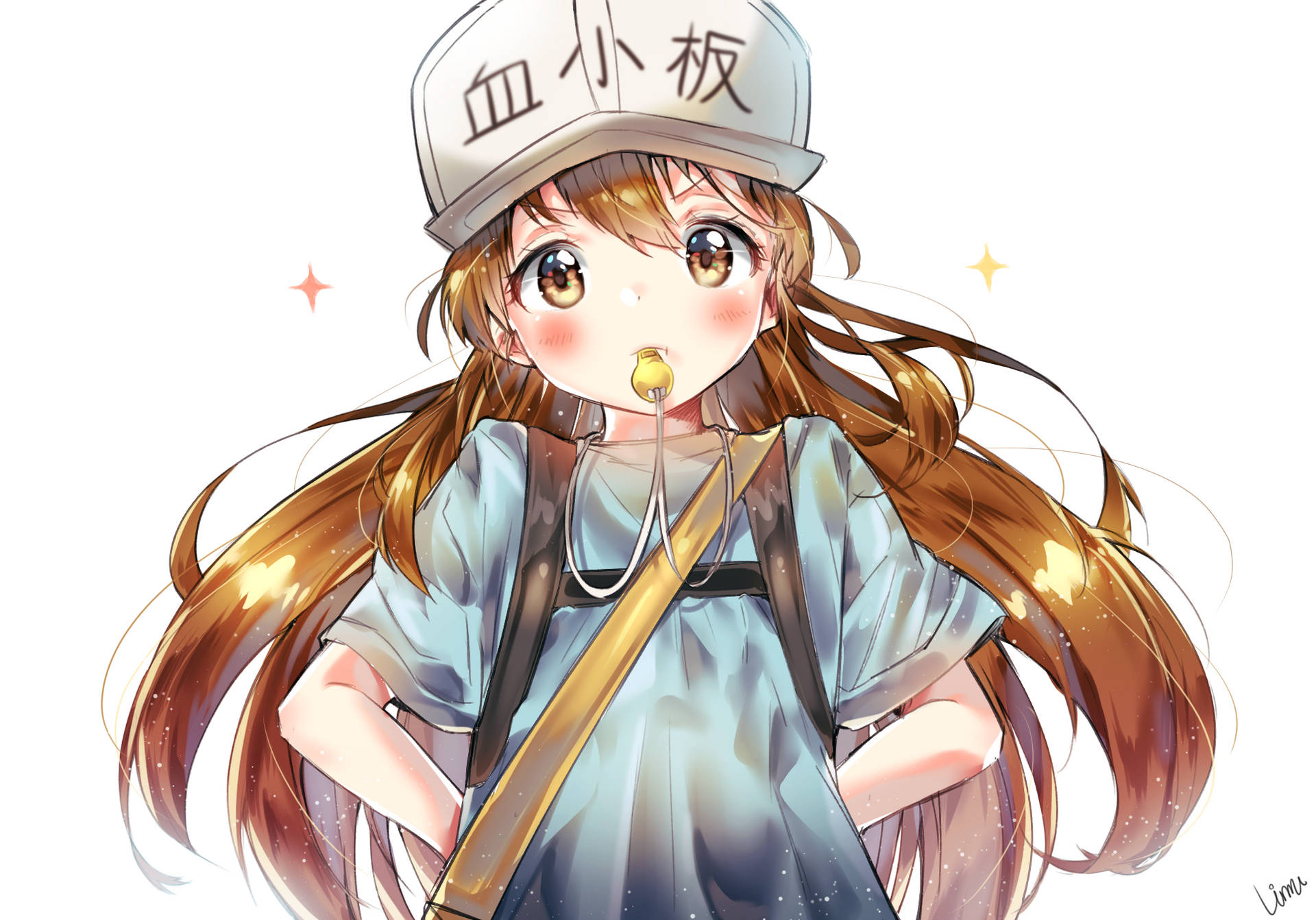 動漫女孩，棕色頭髮，戴帽，攞住金色棒棒糖，有閃光。