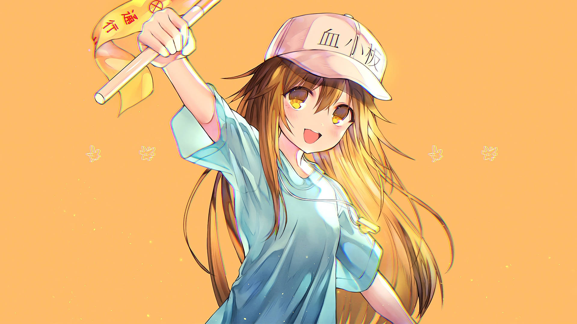 動畫女孩揮動黃色旗幟，戴住粉紅色帽同藍色衫。