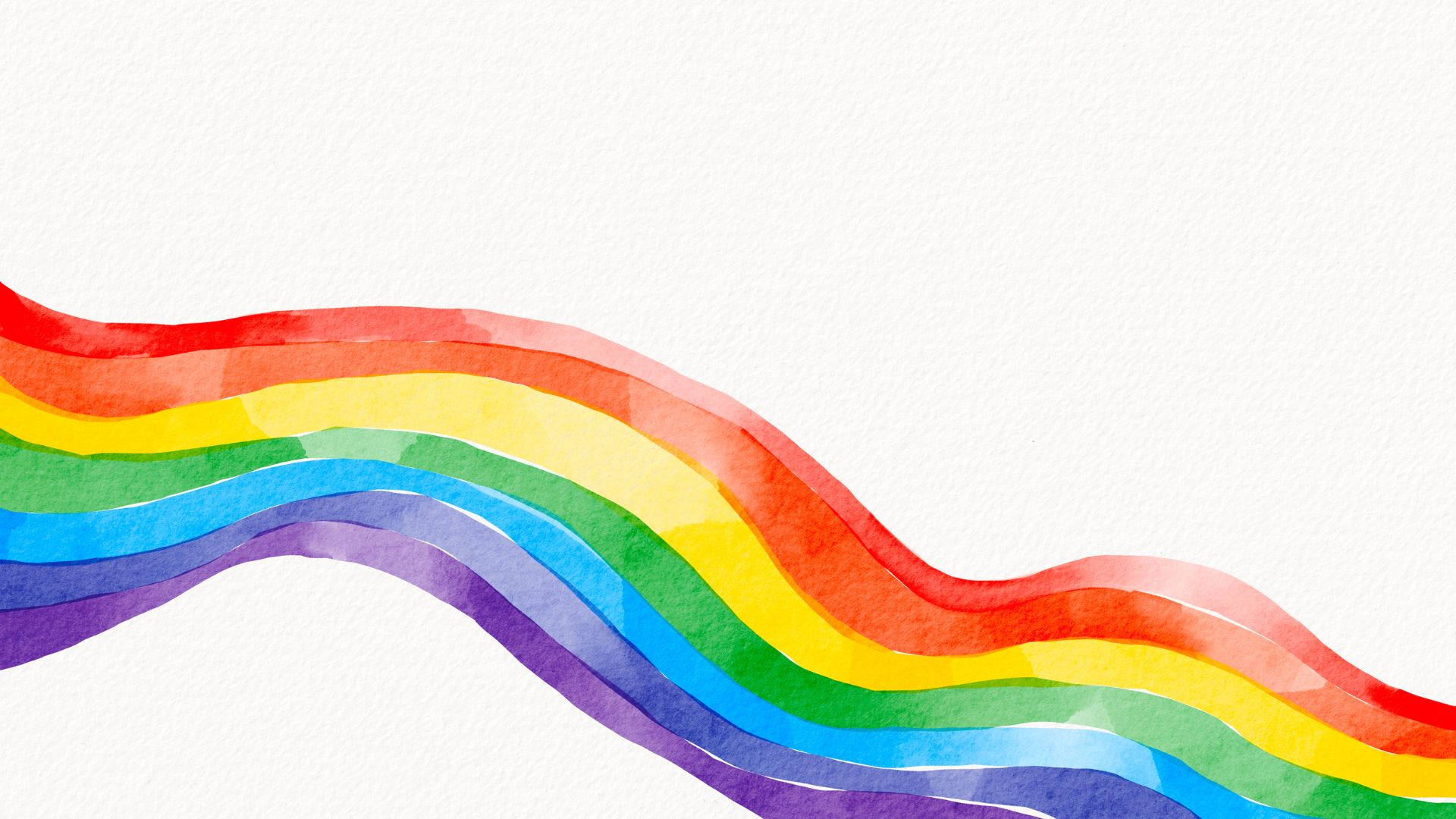 細膩LGBT彩虹波浪 壁紙 — 一條充滿活力的水彩彩虹在帶有紋理的白色背景上優雅地彎曲，呈現柔和混合的色調。