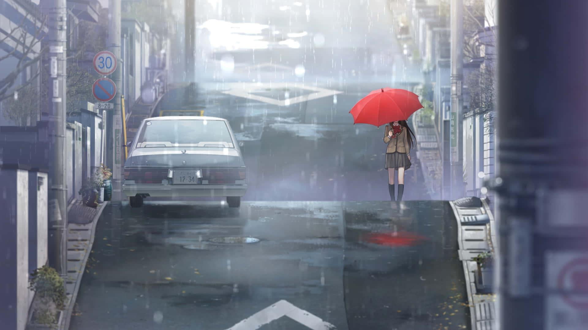 細膩動漫《聖誕夜的魔女》青崎小夏 壁紙 — 一個孤獨的女孩撐著紅傘走在雨中的城市街道上，一輛復古汽車在迷霧的背景中駛過。