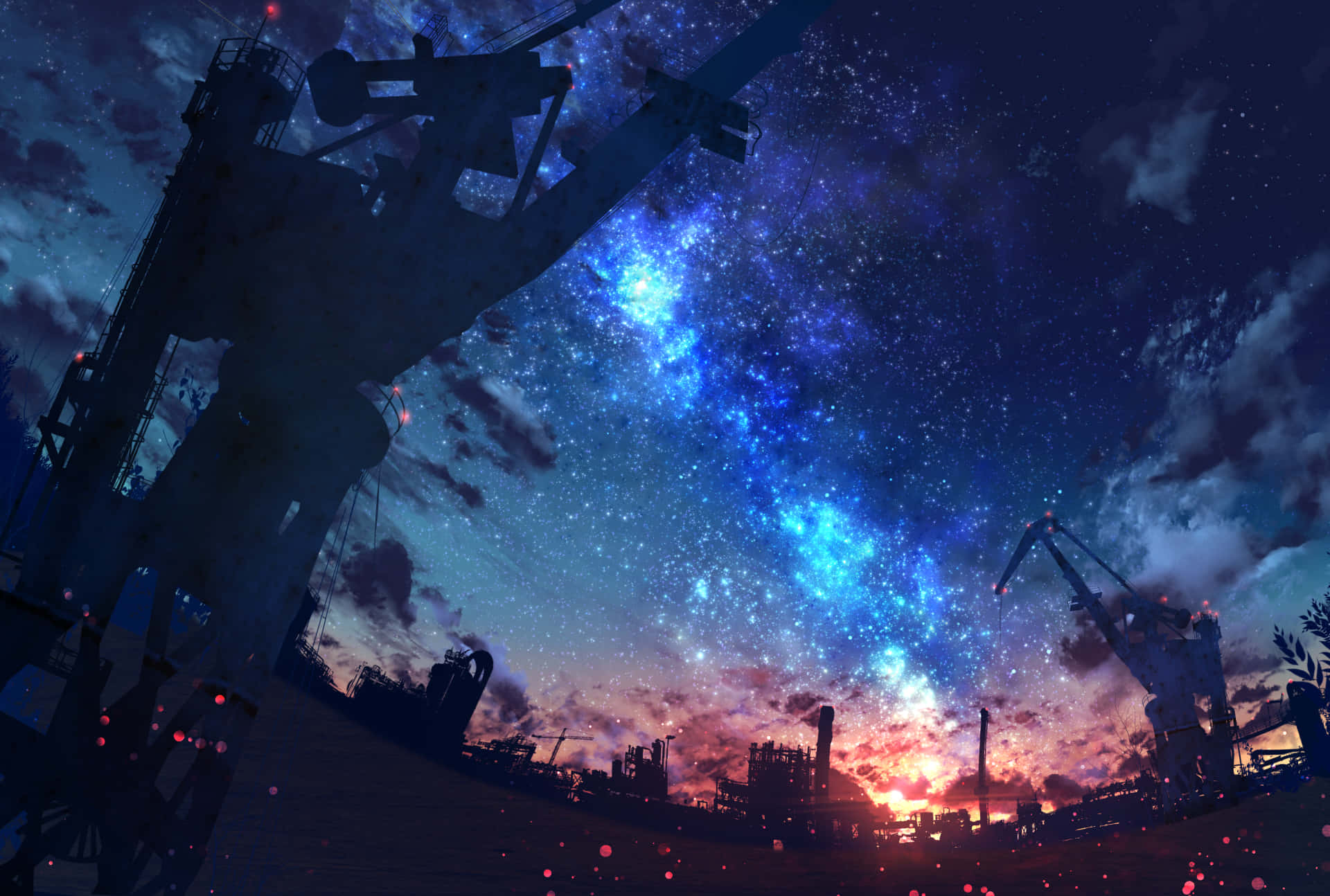 工業起重機在星空暮色下，伴隨宇宙星雲。