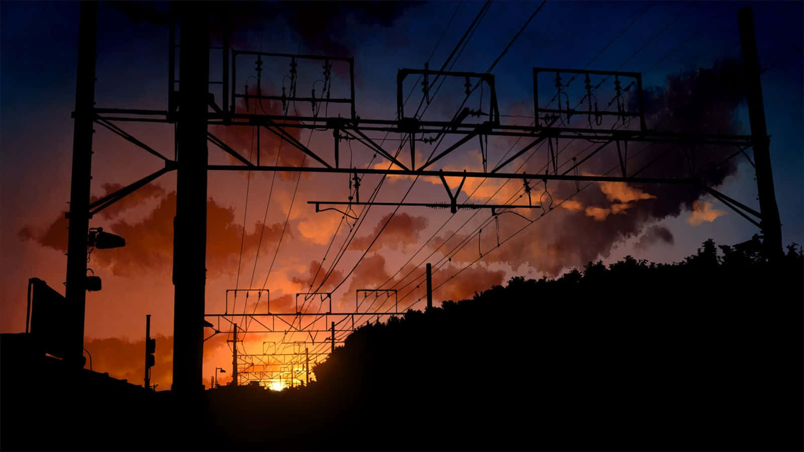 細膩動漫鐵路電柱剪影 壁紙 — 剪影的鐵路基礎設施，背景是火紅的日落天空，帶有發光的雲朵和遠方的太陽。