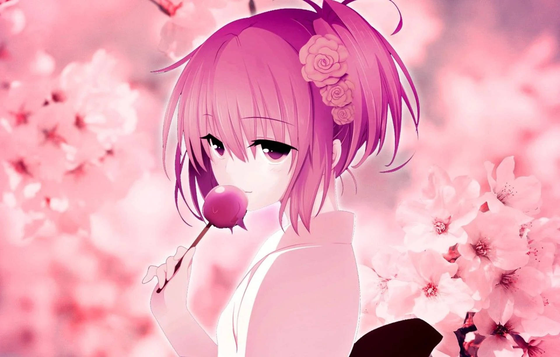 粉紅色頭髮的動漫女孩穿著和服，在櫻花中拿著棒棒糖。
