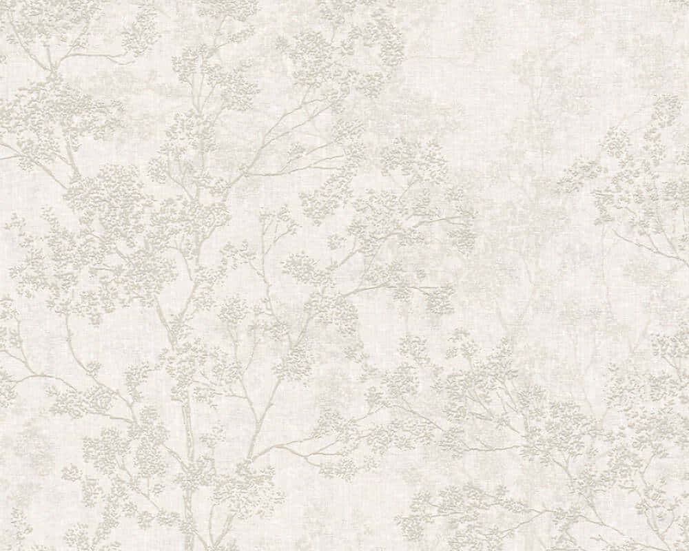 Cream Color 桌布 壁紙 — 細膩的米色牆紙，在質感亞麻紋理背景上帶有精緻的灰色樹枝圖案。