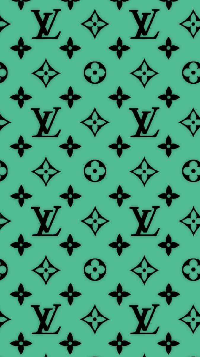 帶有黑色 Louis Vuitton 字母圖案的薄荷綠色牆紙。