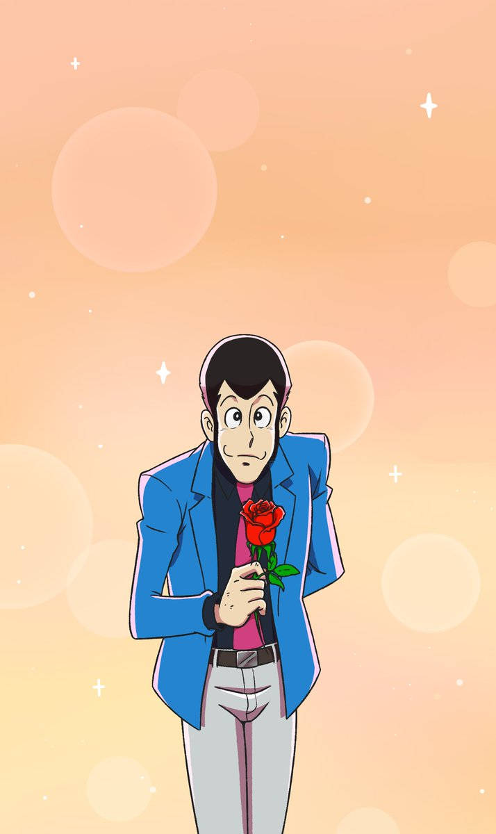 紳士魯邦三世 壁紙 — 一個驚訝的動漫男子穿著藍色西裝，在柔和的桃色散景背景和閃爍中手持一朵紅玫瑰。