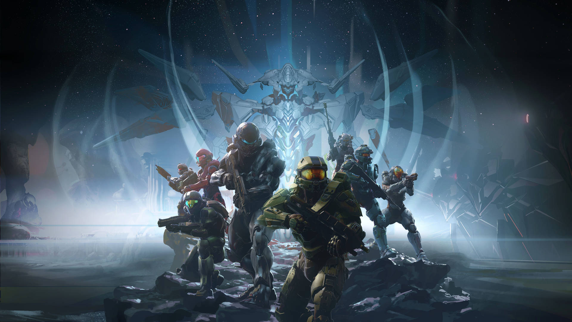 夜間發光外星結構下的科幻戰鬥場景中的裝甲士兵。