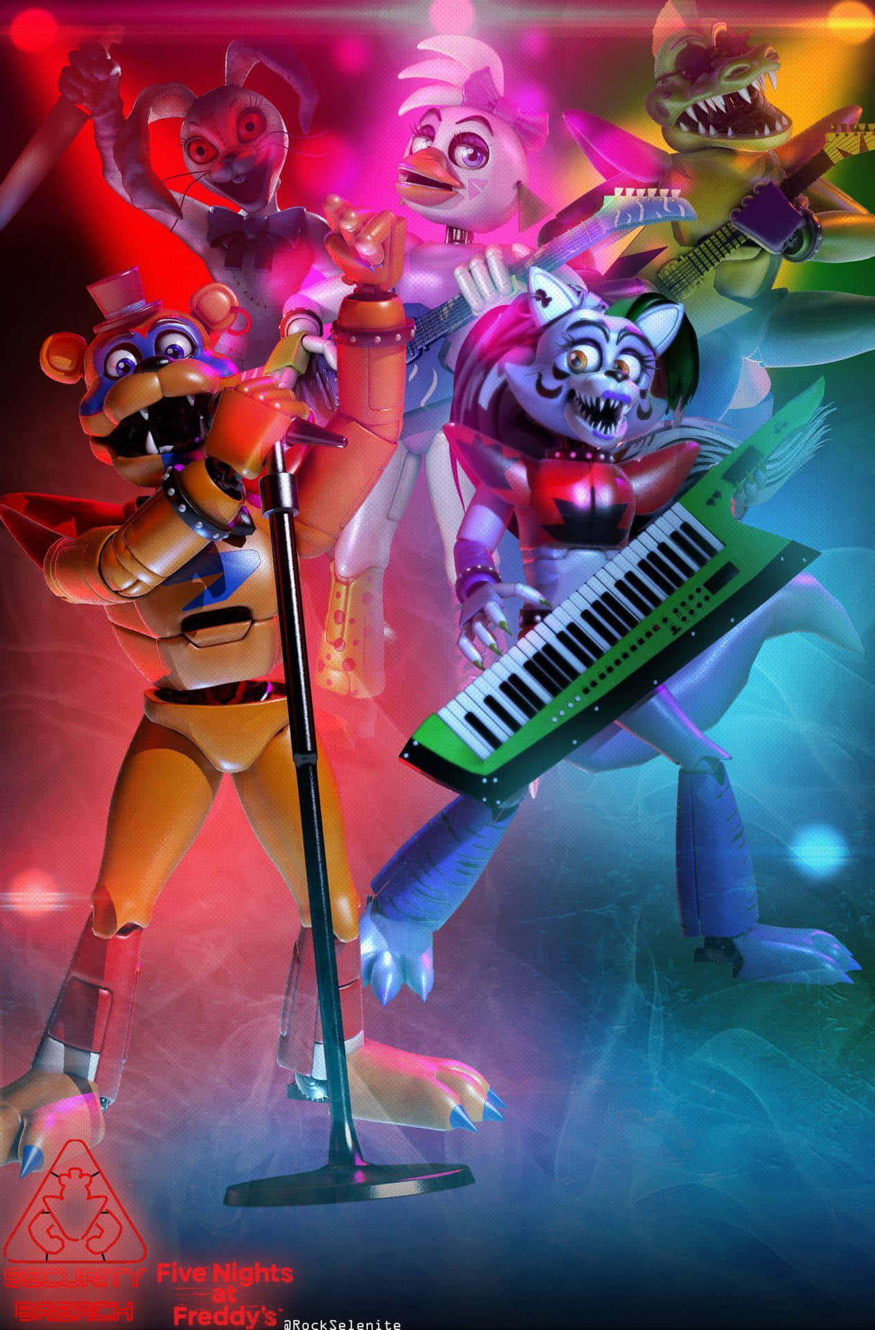 終極角色安全漏洞背景 壁紙 — Freddy Fazbear 與電子動畫樂隊在霓虹燈下進行充滿活力的音樂會場景。