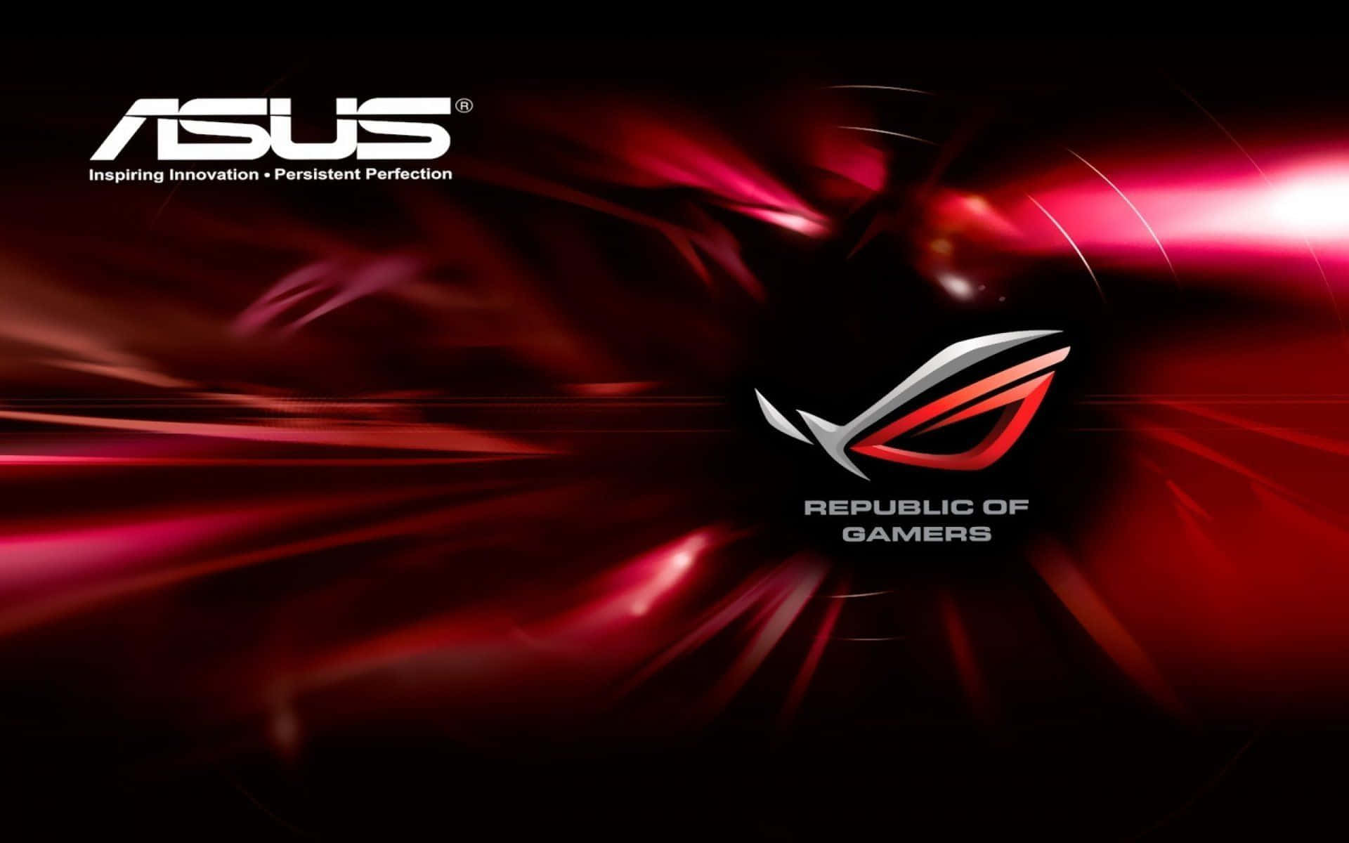 終極遊戲機 — 華碩ROG 壁紙 — 動態紅黑抽象背景，帶有發光光條，展示ASUS ROG Republic of Gamers標誌。