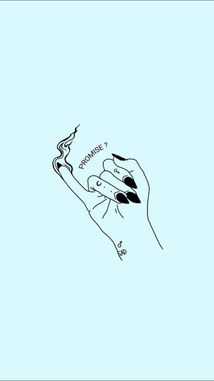 終生摯友！ 壁紙 — 一幅極簡線條畫，描繪一隻手拿著香煙，煙霧裊裊升起，背景為淡藍色，並帶有文字「PROMISE?」。