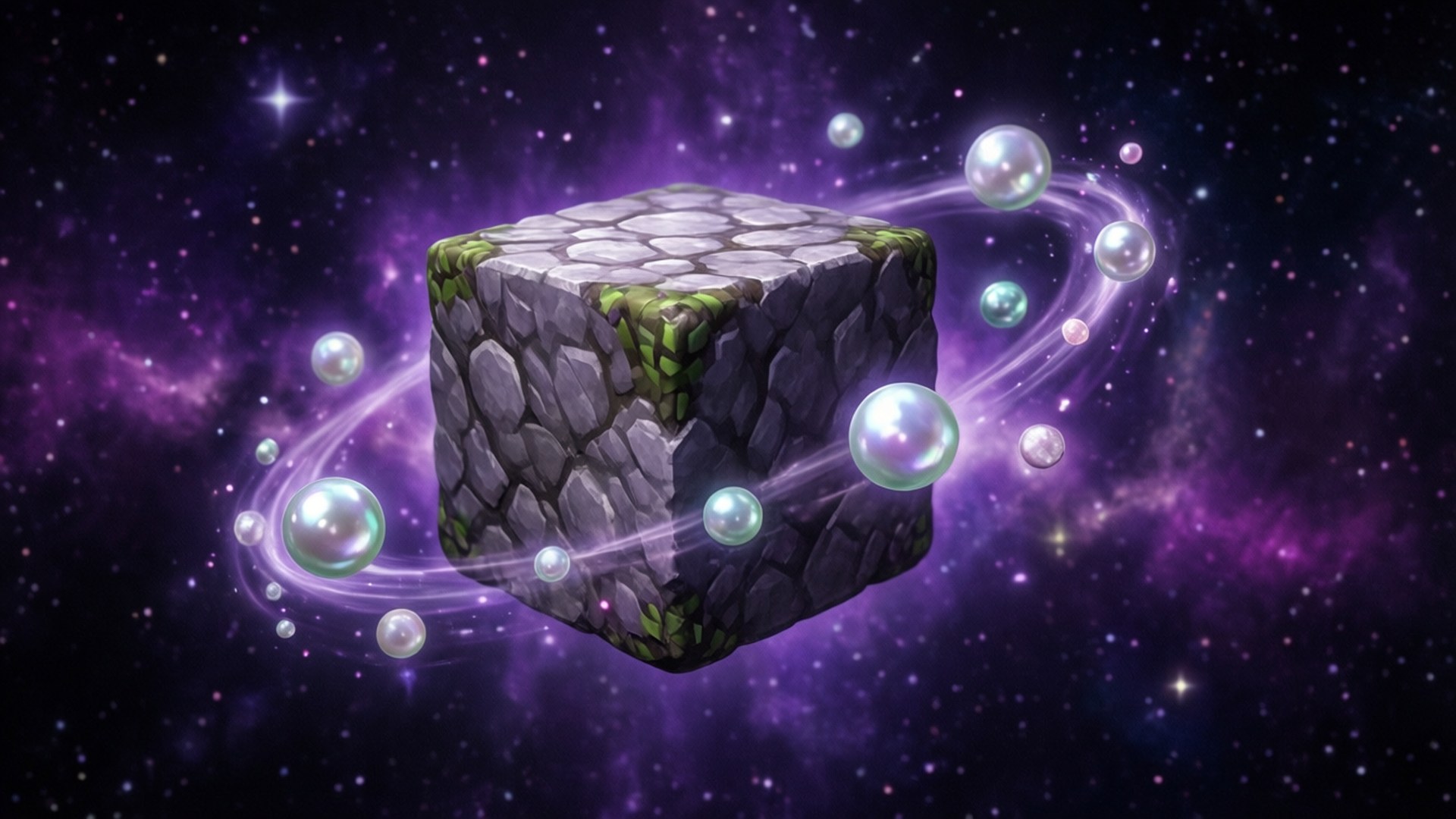 在紫色宇宙星雲中，漂浮的石立方帶有青苔和發光的球體。