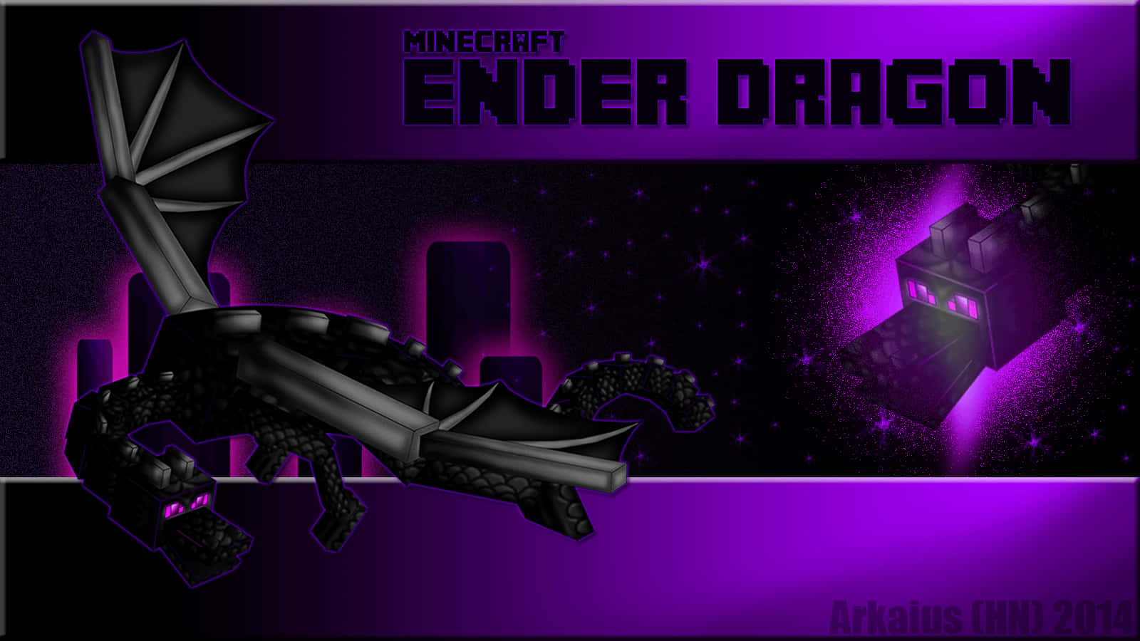 Minecraft終界龍在佈滿星星的紫色虛空中與終界使者一起飛行。