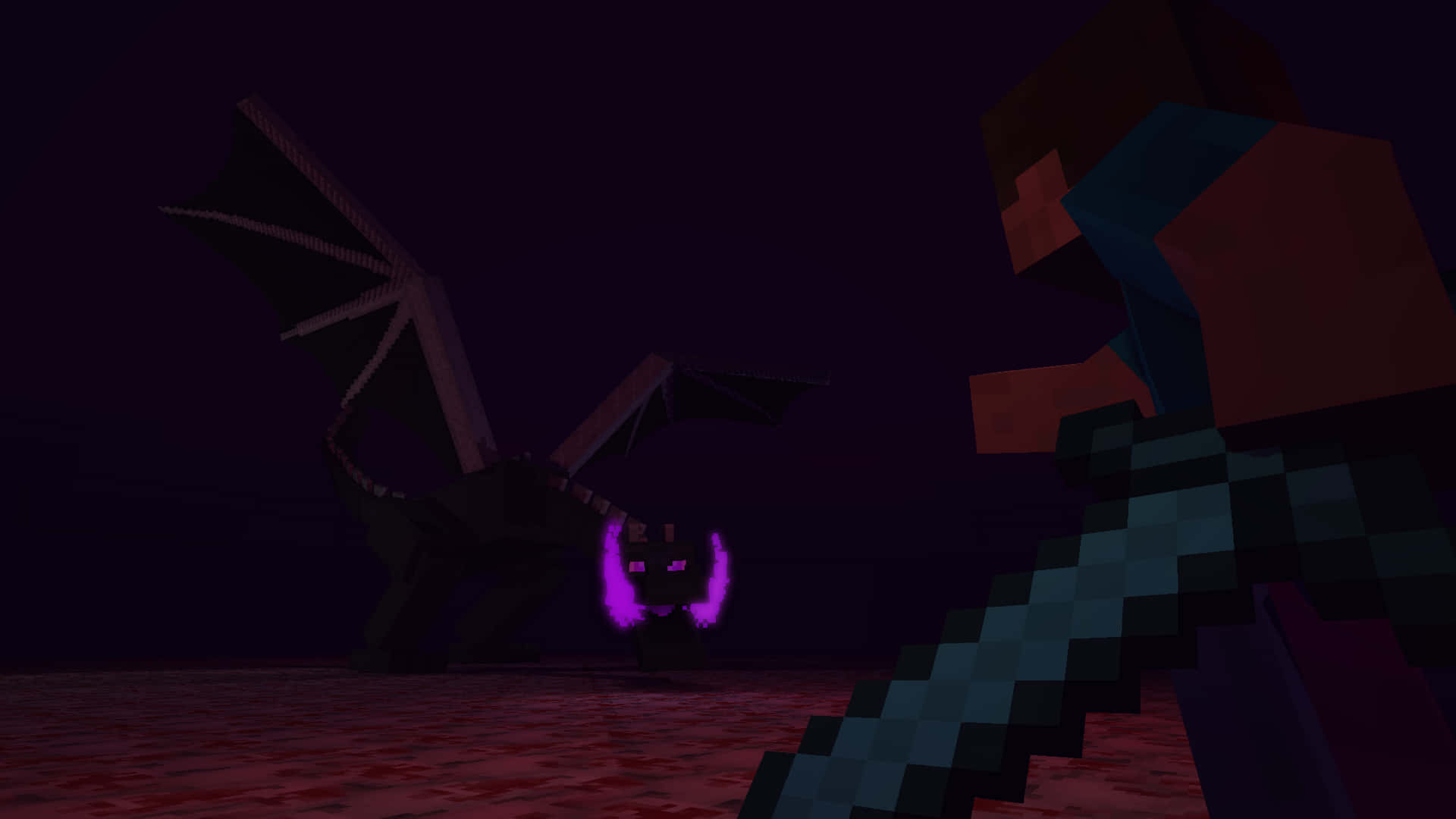 Minecraft玩家手持劍在黑暗洞穴中面對一隻發光紫色眼睛的龍。