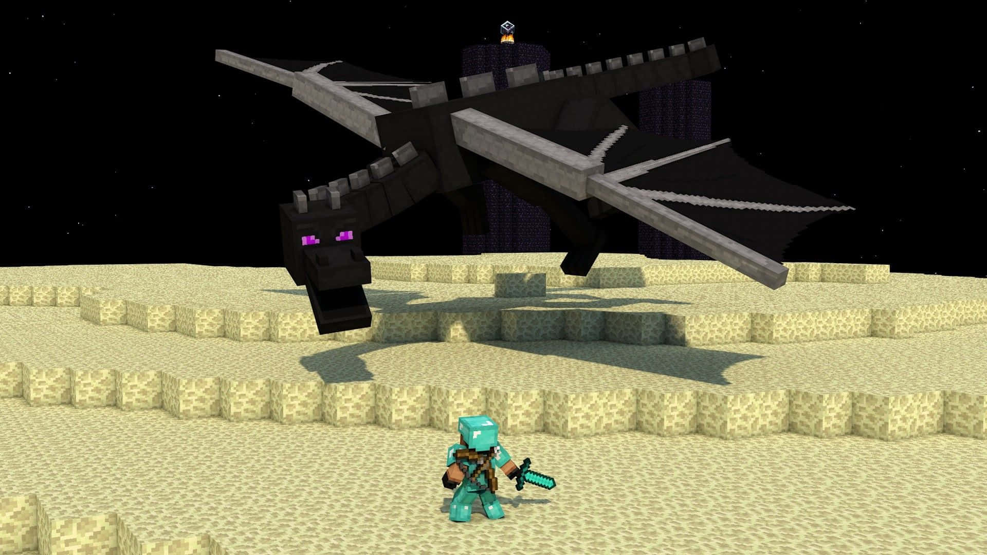 Minecraft玩家持劍在沙漠中對抗黑龍。
