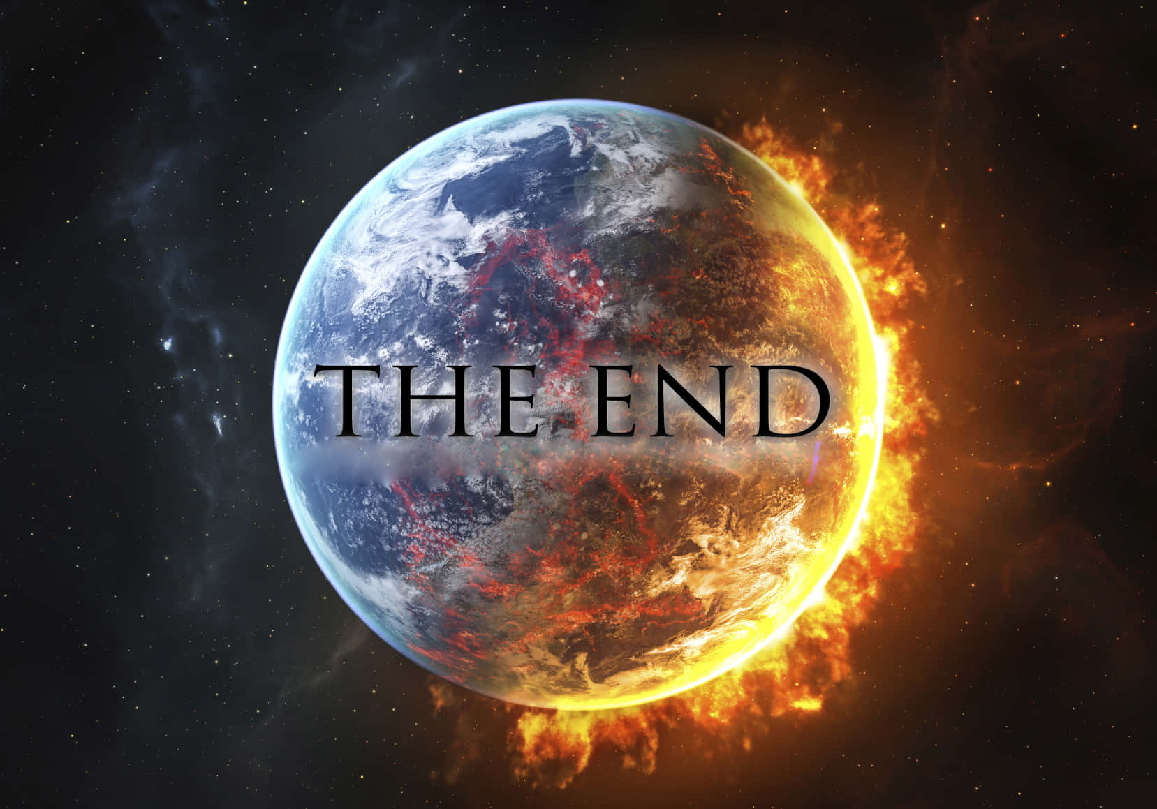 被火焰吞噬的地球，上面覆蓋著「THE END」字樣。