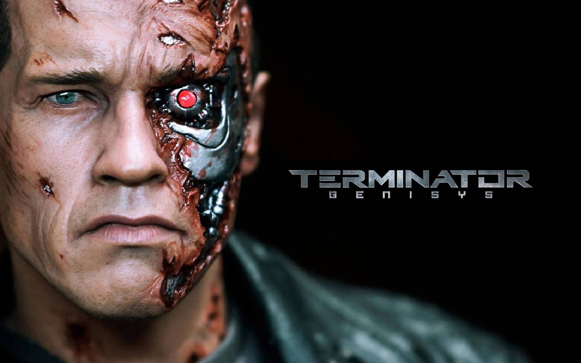 半人半金屬面孔、紅色發光眼睛的 Terminator Genisys 生化人。