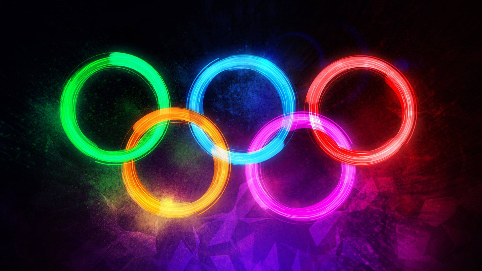 霓虹奧運五環在深色抽象背景上明亮發光。