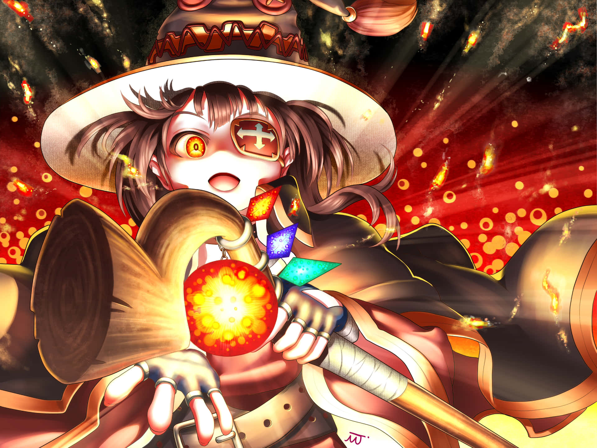 動漫女巫，眼睛發光，手持法杖，在紅色宇宙背景下施展火焰魔法。