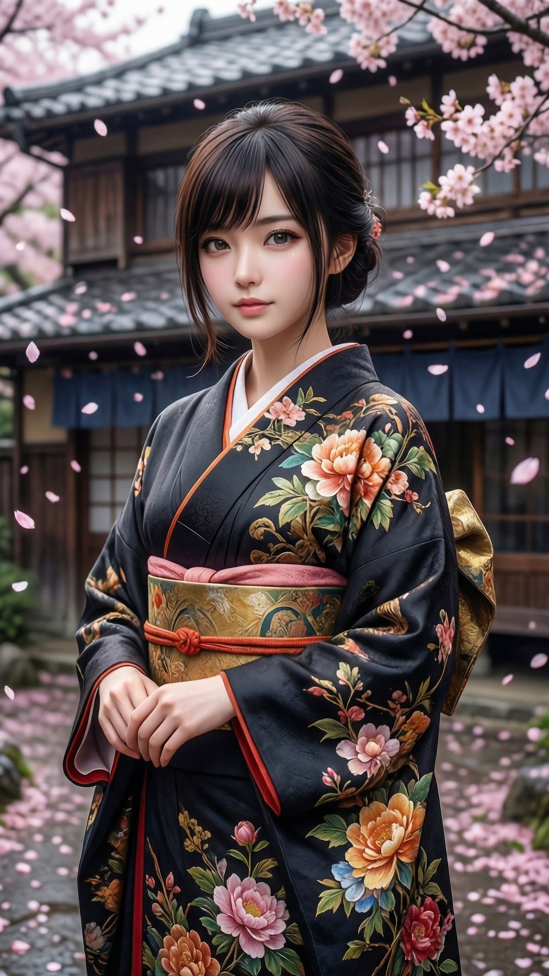 年輕女子黑色花卉和服飄落櫻花下木屋附近