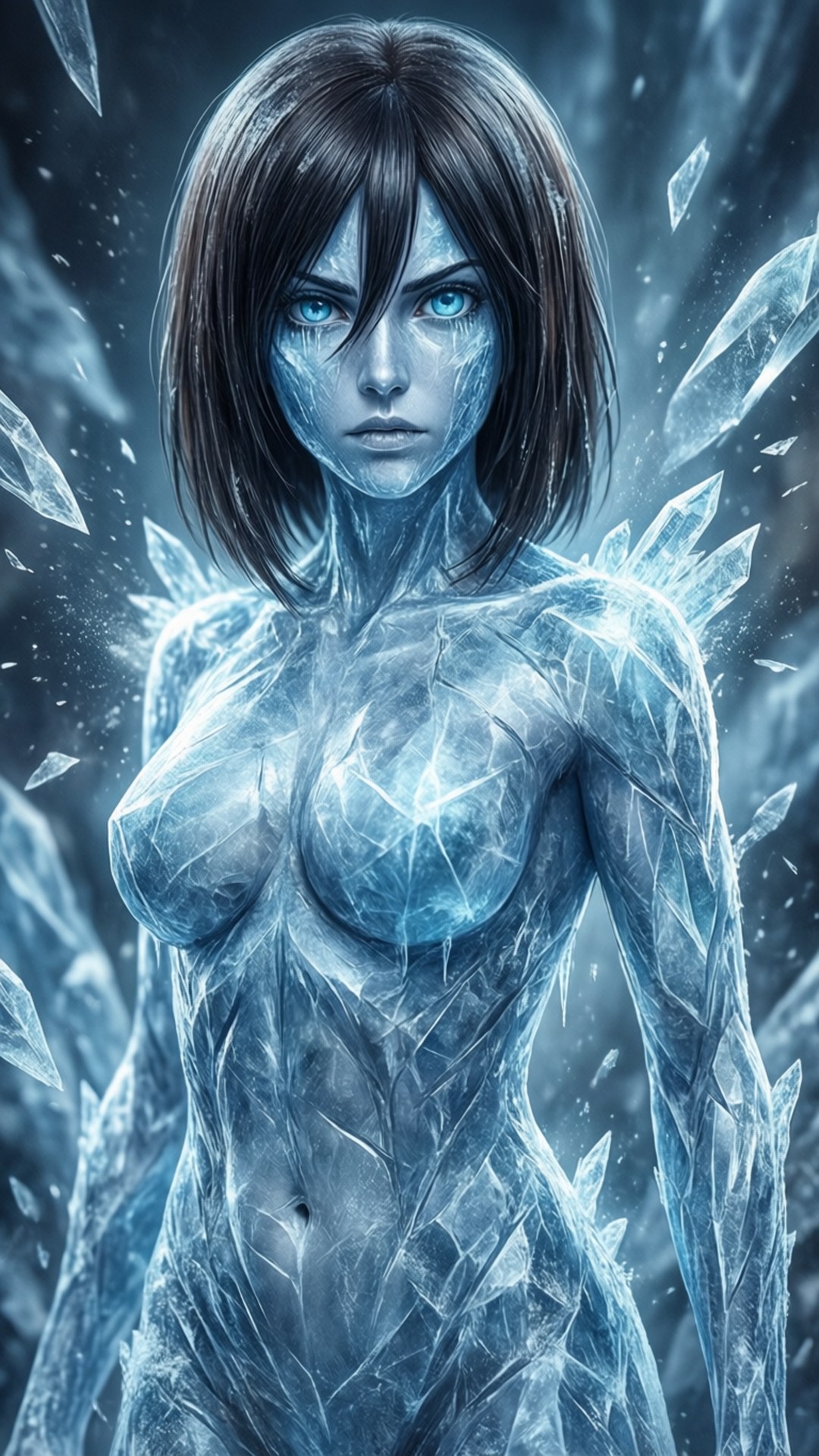一位由發光藍色冰層構成的女性，周圍漂浮著水晶碎片。