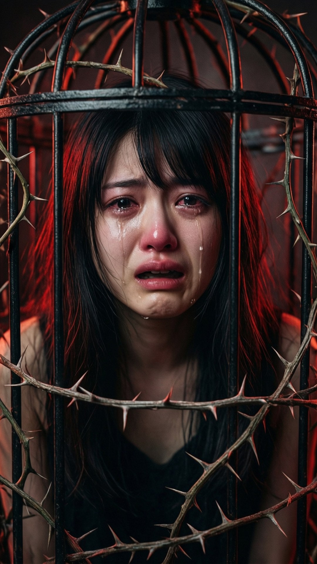 一個痛苦的女人被困在帶刺的金屬籠子後面，紅色燈光。