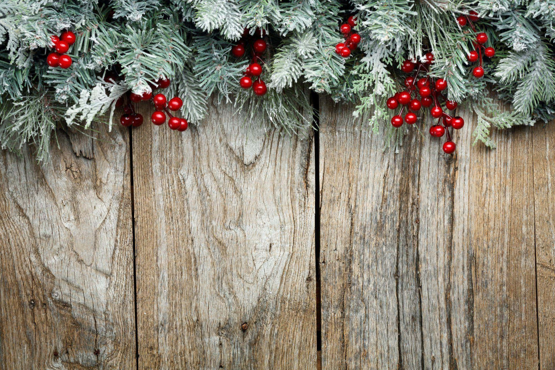 Rustic Christmas 桌布 壁紙 — 結霜的常綠樹枝上掛著鮮紅的漿果，放在風化的木板上，形成質樸的節日邊框。