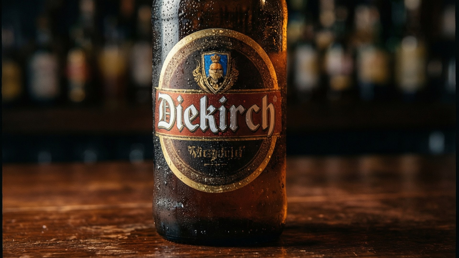 木製吧檯上冰凍的Diekirch啤酒瓶，帶有冷凝水珠。