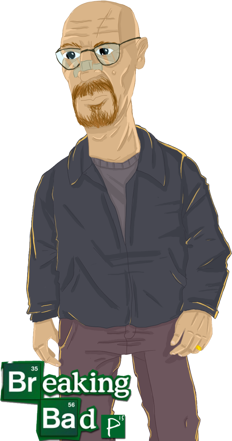 《絕命毒師》動畫角色插畫 壁紙 — 《絕命毒師》中Walter White的卡通插圖，戴著眼鏡和深色外套，下方有綠色節目標誌。