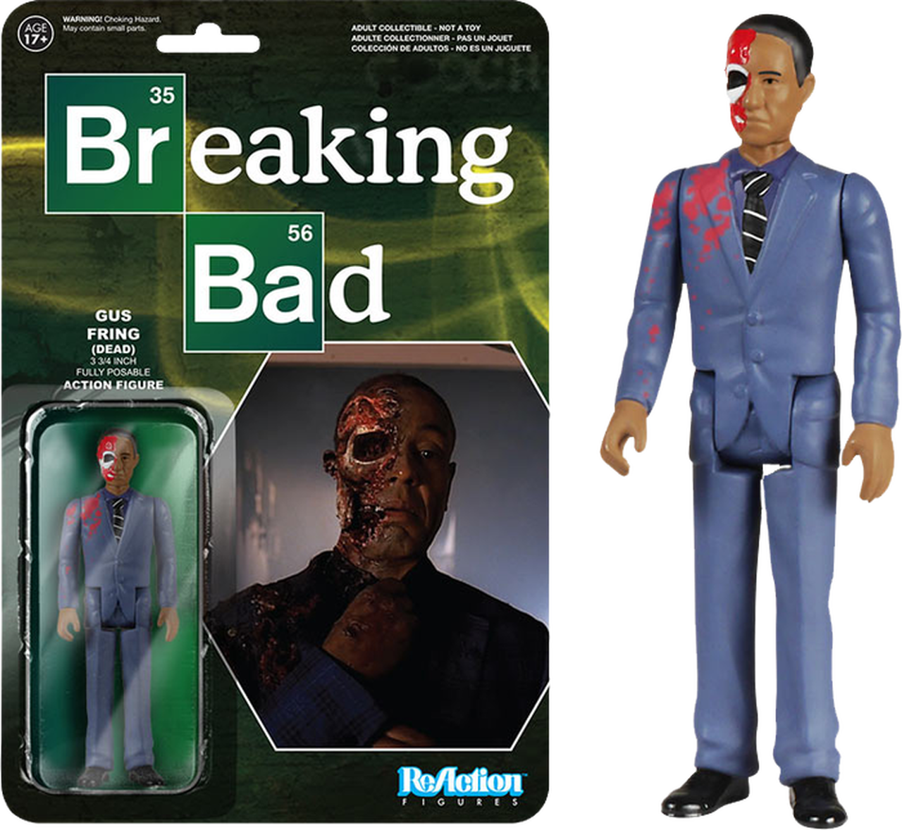 《絕命毒師》古斯·弗林動作人偶包裝 壁紙 — 來自《絕命毒師》的 Gus Fring 成人收藏級可動人偶，帶有血跡和分裂臉設計。