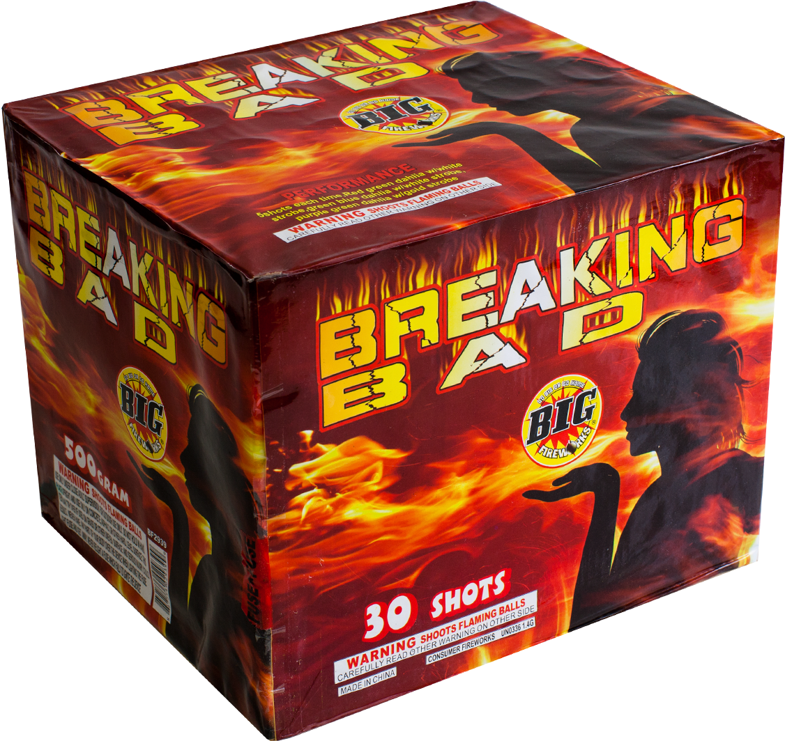 《絕命毒師》煙火禮盒 壁紙 — 一個火紅和橙色的煙花盒，品牌為「Breaking Bad」，帶有角色剪影，背景是火焰。