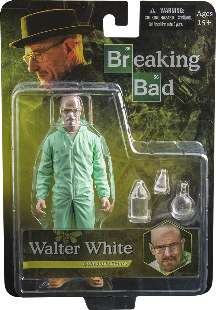 《絕命毒師》韋爾特·懷特收藏人偶包裝 壁紙 — Walter White 收藏級動作人偶，身穿綠色防護服，密封在吸塑包裝中，附有實驗室玻璃器皿配件。