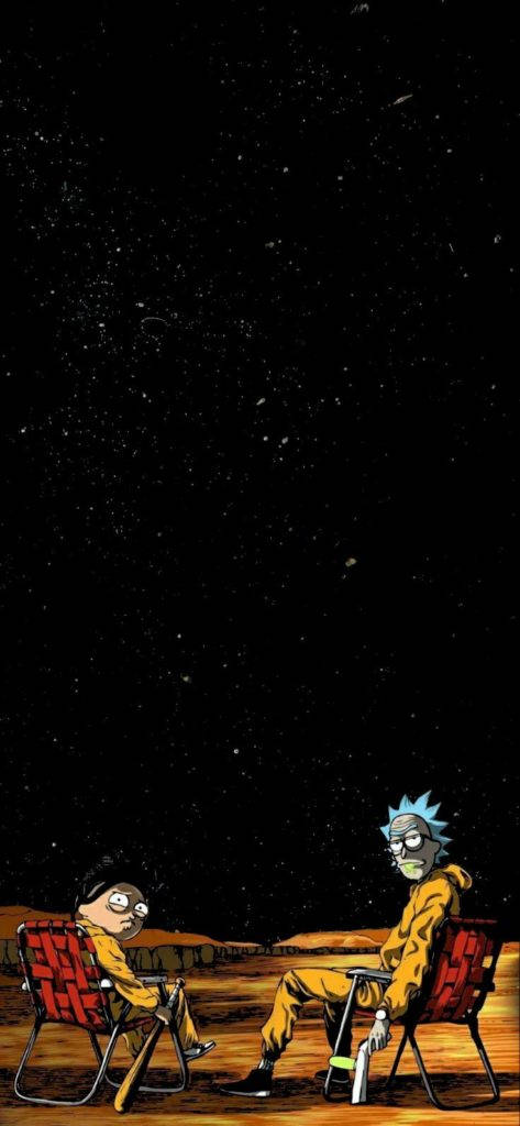 瑞克和莫蒂坐在紅色露營椅上，在荒蕪星球上的星空下。