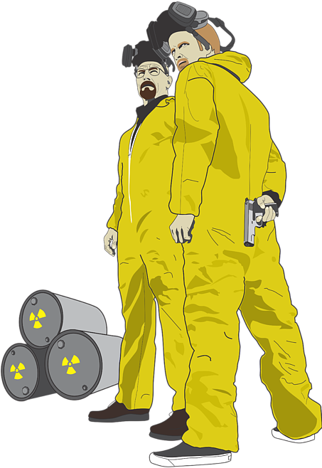 《絕命毒師》黃色防護服角色插畫 壁紙 — 兩名身穿黃色防護服的男人站在放射性桶旁，其中一人手持槍支。